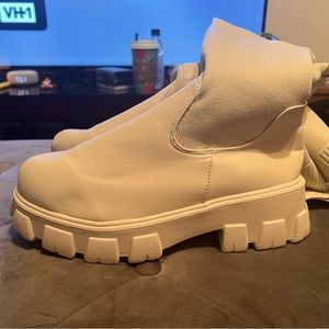 Tan thigh high sock boot